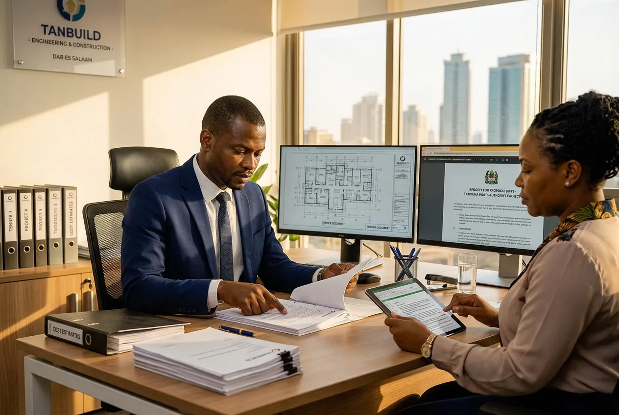 Tanzanian construction professionals reviewing tender documents on site