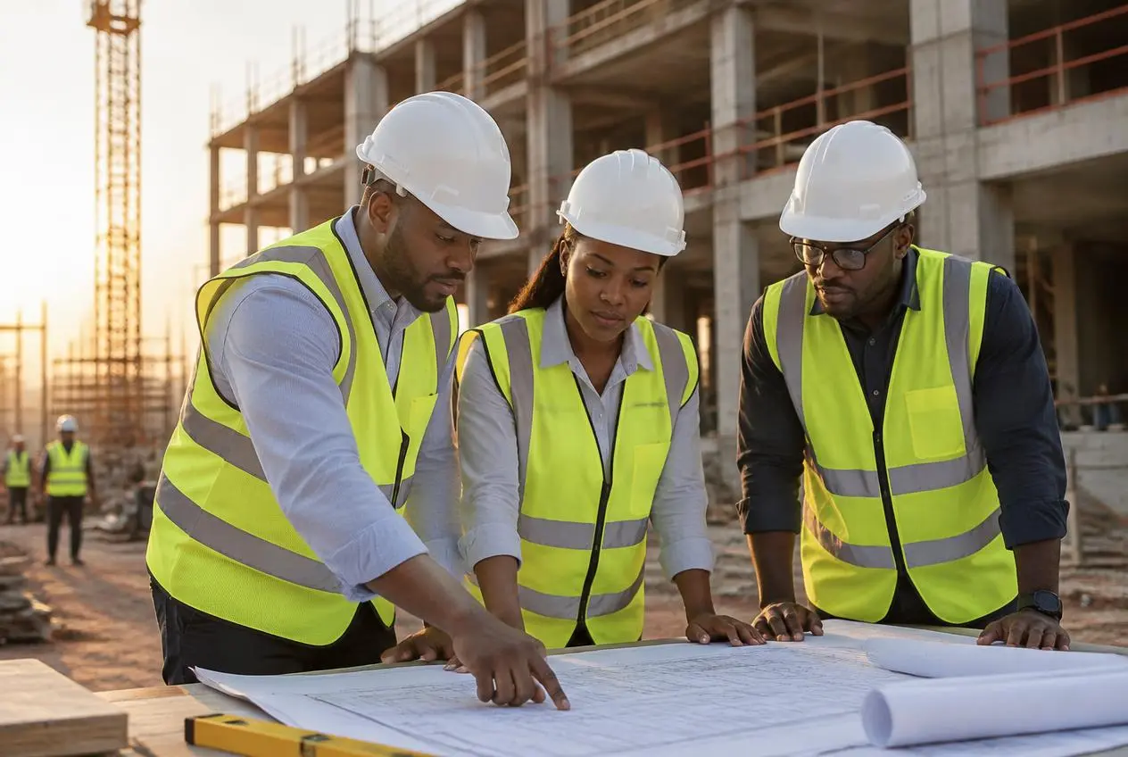 Engineers in safety gear studying construction drawings at a building site