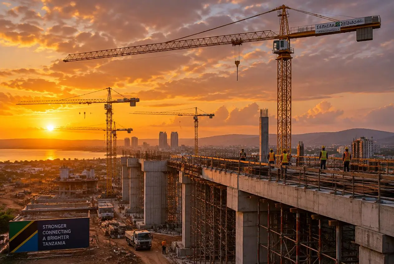 Cranes over a new infrastructure project in Tanzania at sunset